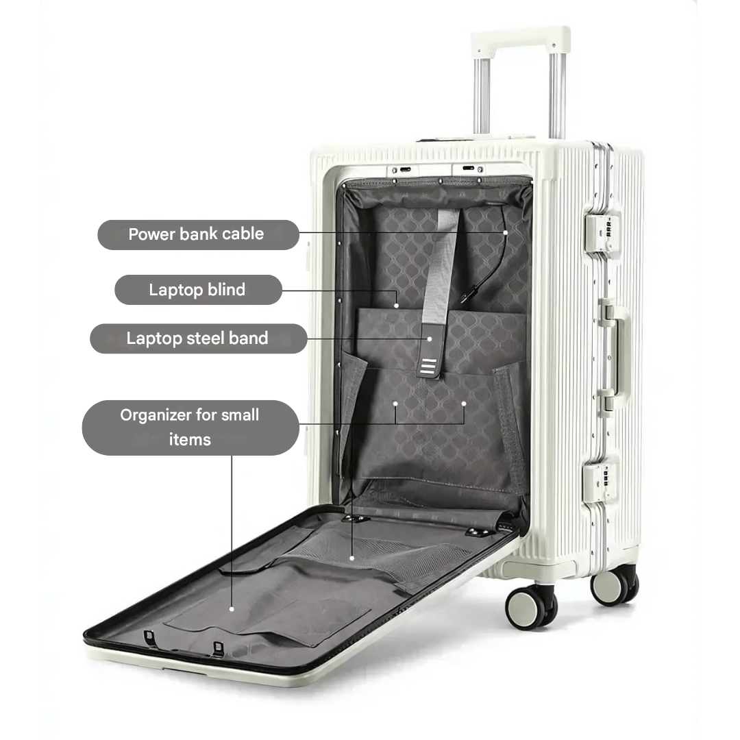 kaufsy | Manhattan Pro – Hartschalen-Handgepäckkoffer mit Aluminiumrahmen, Laptopfach und USB-Anschlüssen