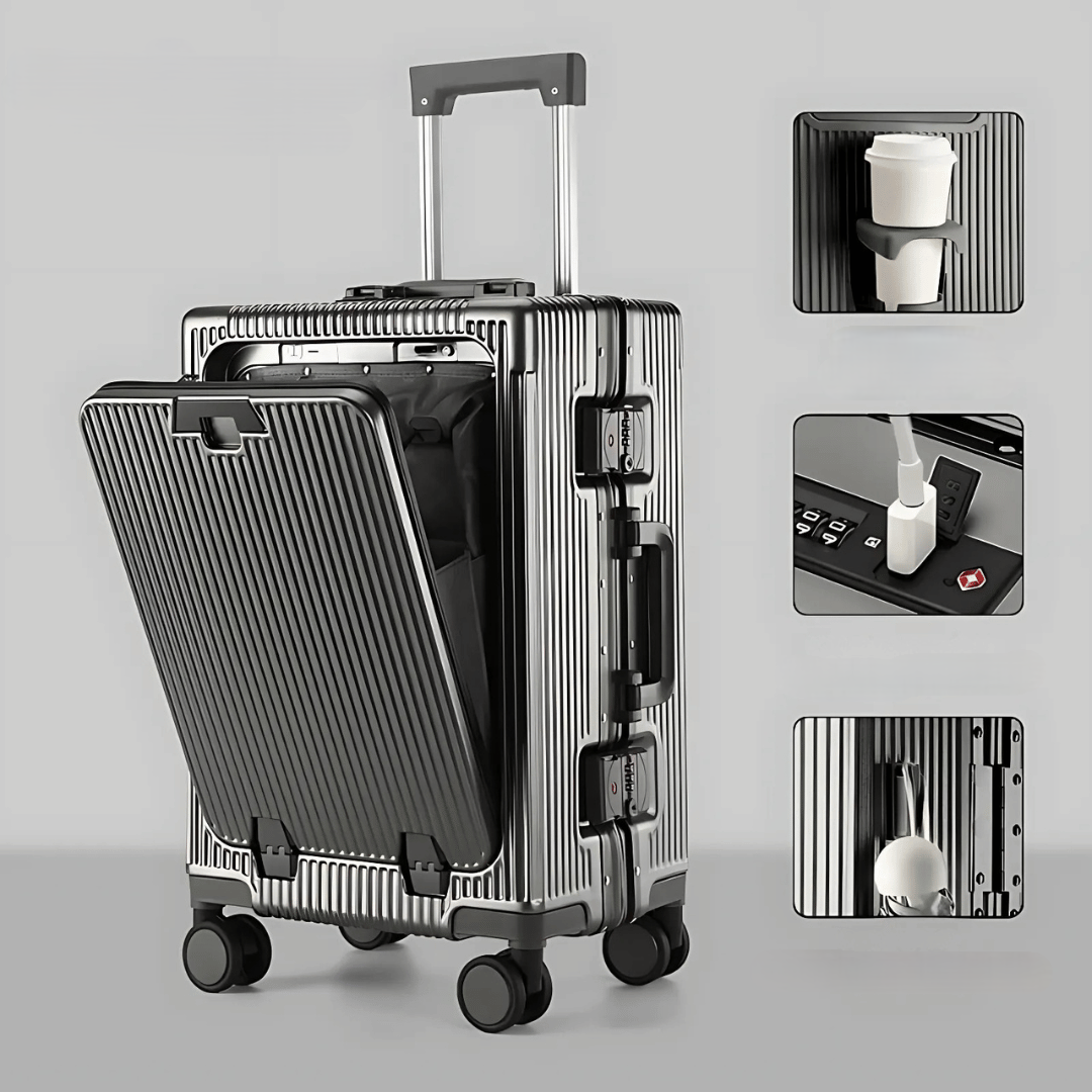 kaufsy | Manhattan Pro – Hartschalen-Handgepäckkoffer mit Aluminiumrahmen, Laptopfach und USB-Anschlüssen