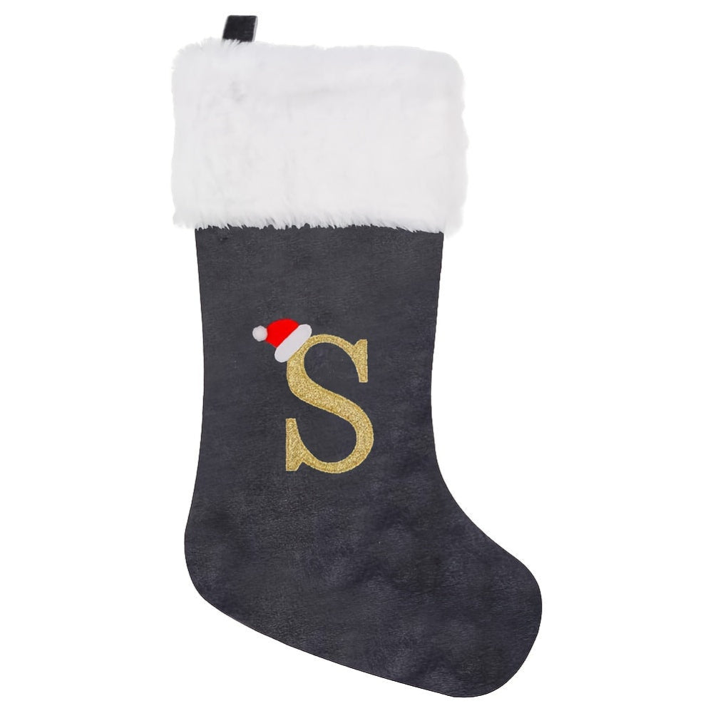 Weihnachtsstrümpfe, Samt, Monogramm Buchstabe Grau, Deko