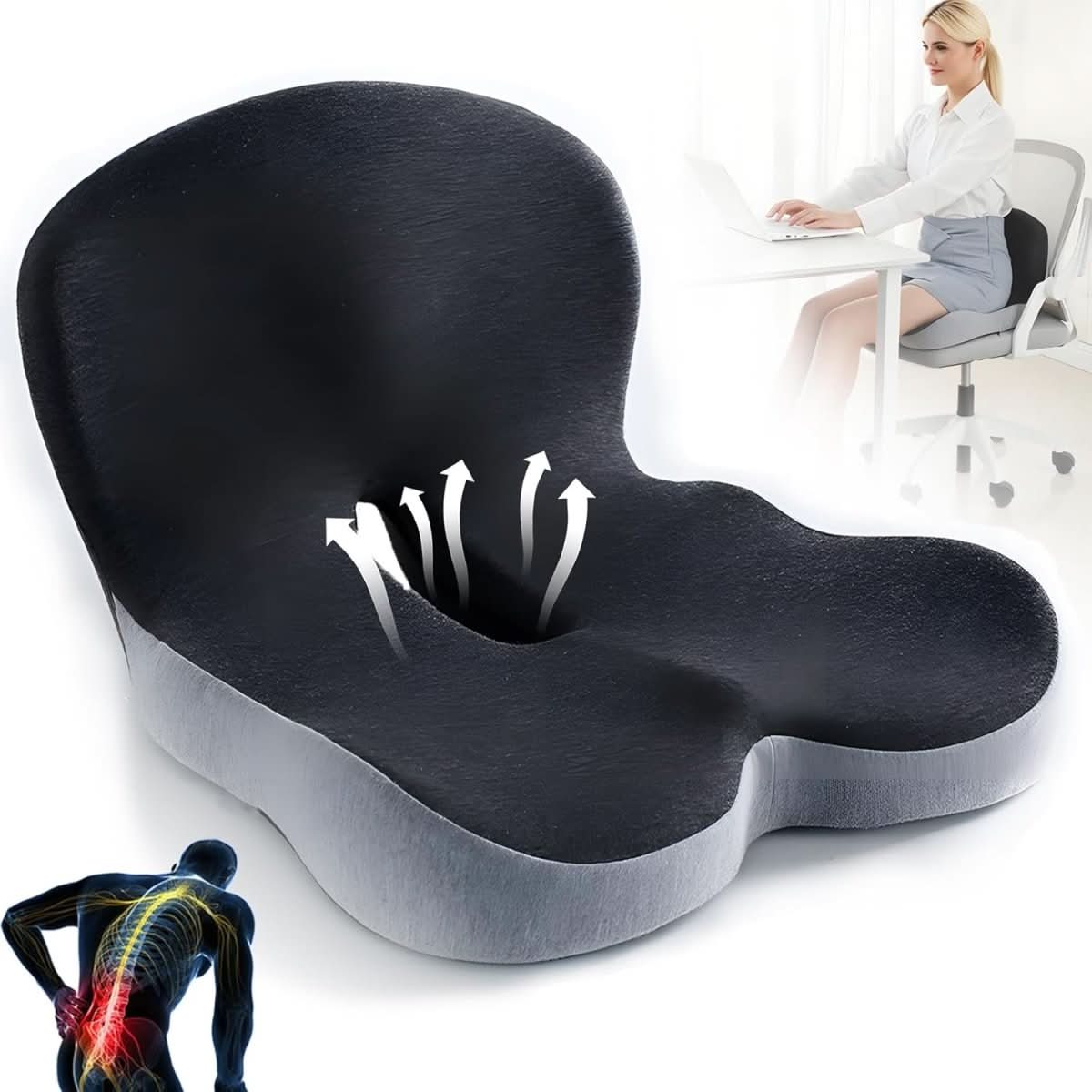 kaufsy | Ergonomisches Sitzkissen mit Lendenstütze für Büro, Auto & Reisen