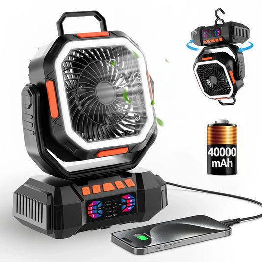 kaufsy | Wiederaufladbarer Campingventilator mit 40000mAh Akku & LED Laterne – F22