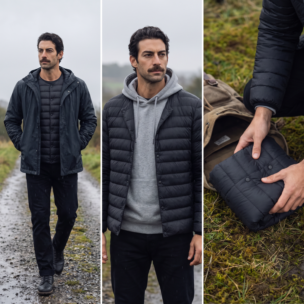 Herren Daunenjacke wandelbar – V-Ausschnitt, gesteppt, leicht